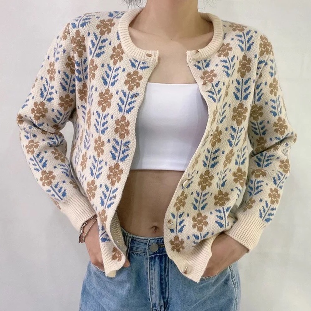 Sweater cardigan flower knit button blue cream gray  khaki long sleeve - Picture 3 of 10